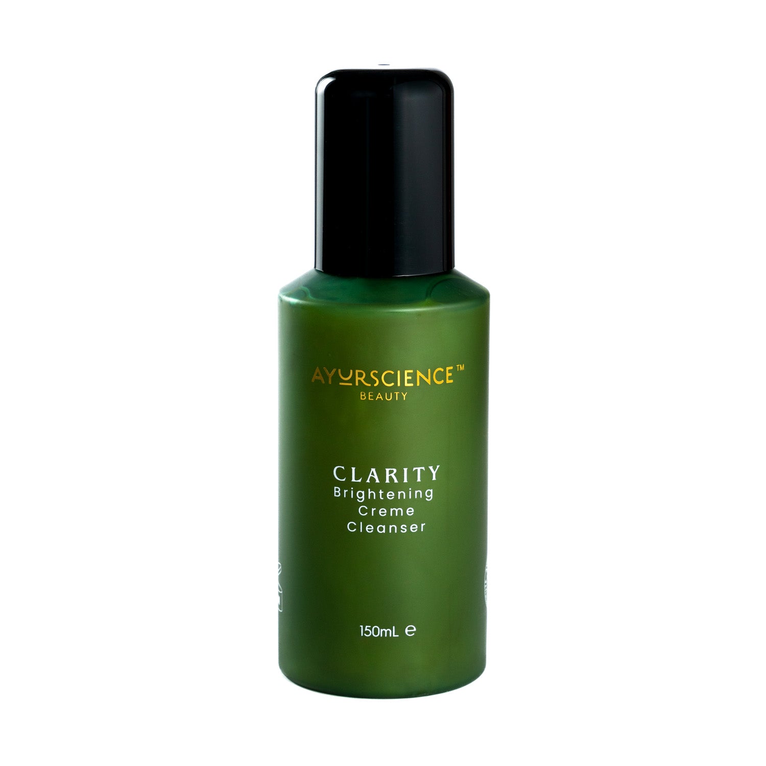 A green bottle of AYURSCIENCE CLARITY Brightening Crème Cleanser with a black cap.