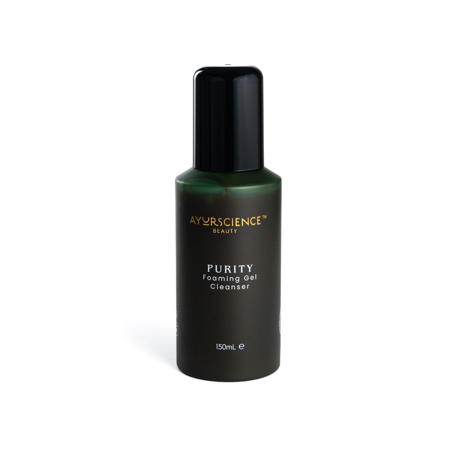 A bottle of AYURSCIENCE PURITY Foaming Gel Cleanser with a dark green label and a black cap.