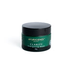 A jar of AyurSciene CLARITY Energising Clay Mask, 50g, with green labeling on a white background.