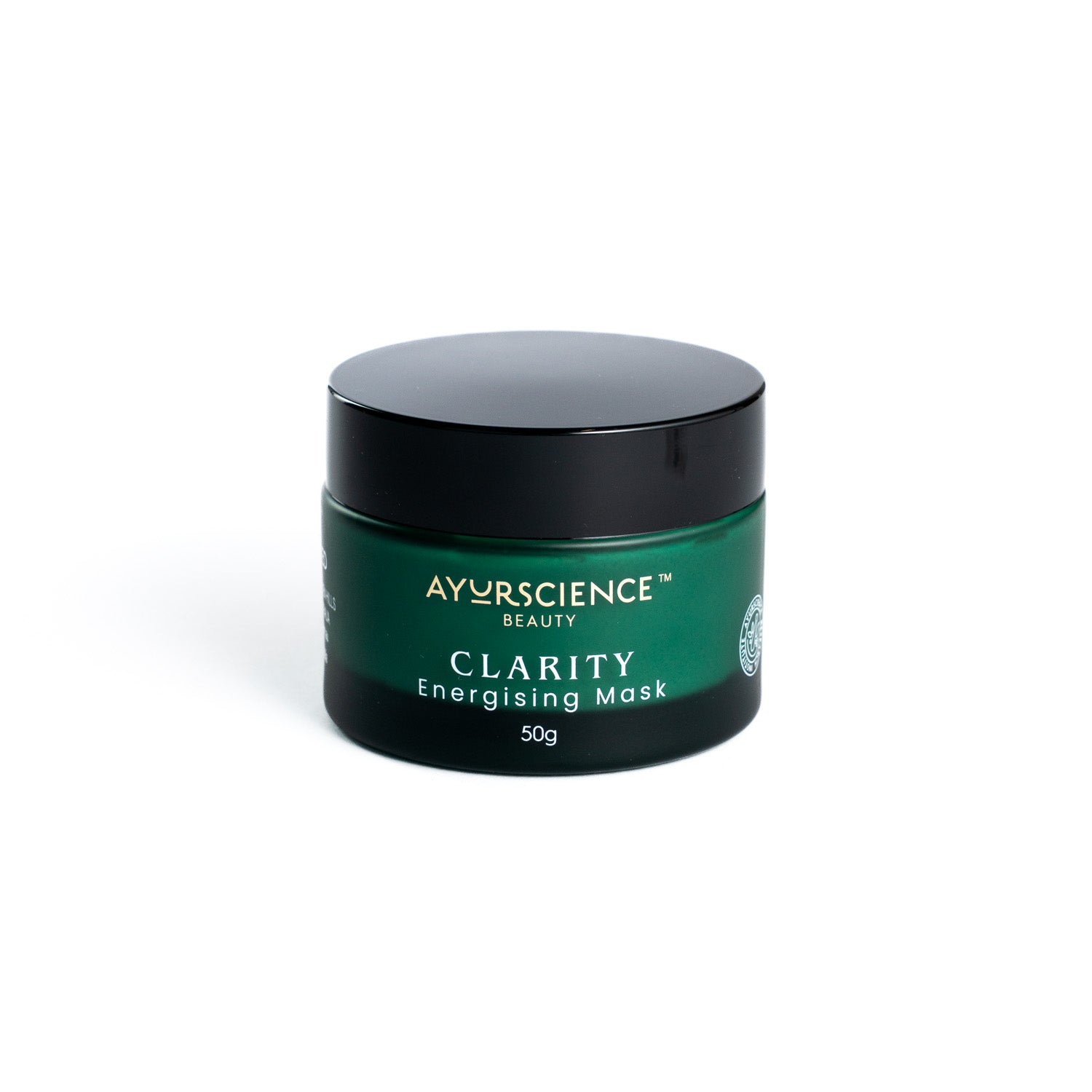 A jar of AyurSciene CLARITY Energising Clay Mask, 50g, with green labeling on a white background.